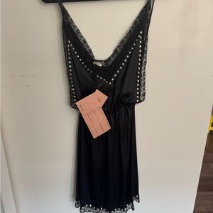 Black Satin Slip Dress with Lace and Stud Accents NWT